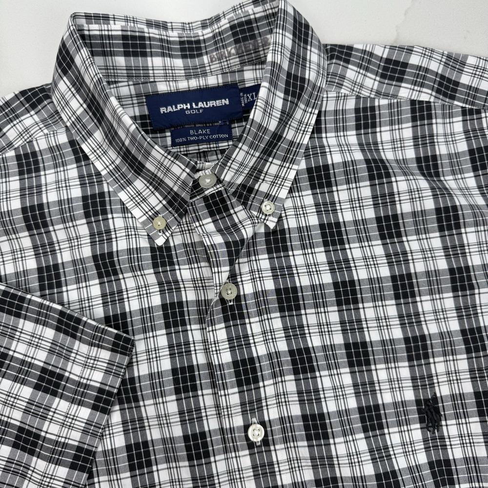 Vtg Ralph Lauren Golf Button Down Shirt‎ Men XL Black Plaid Black Pony Blake